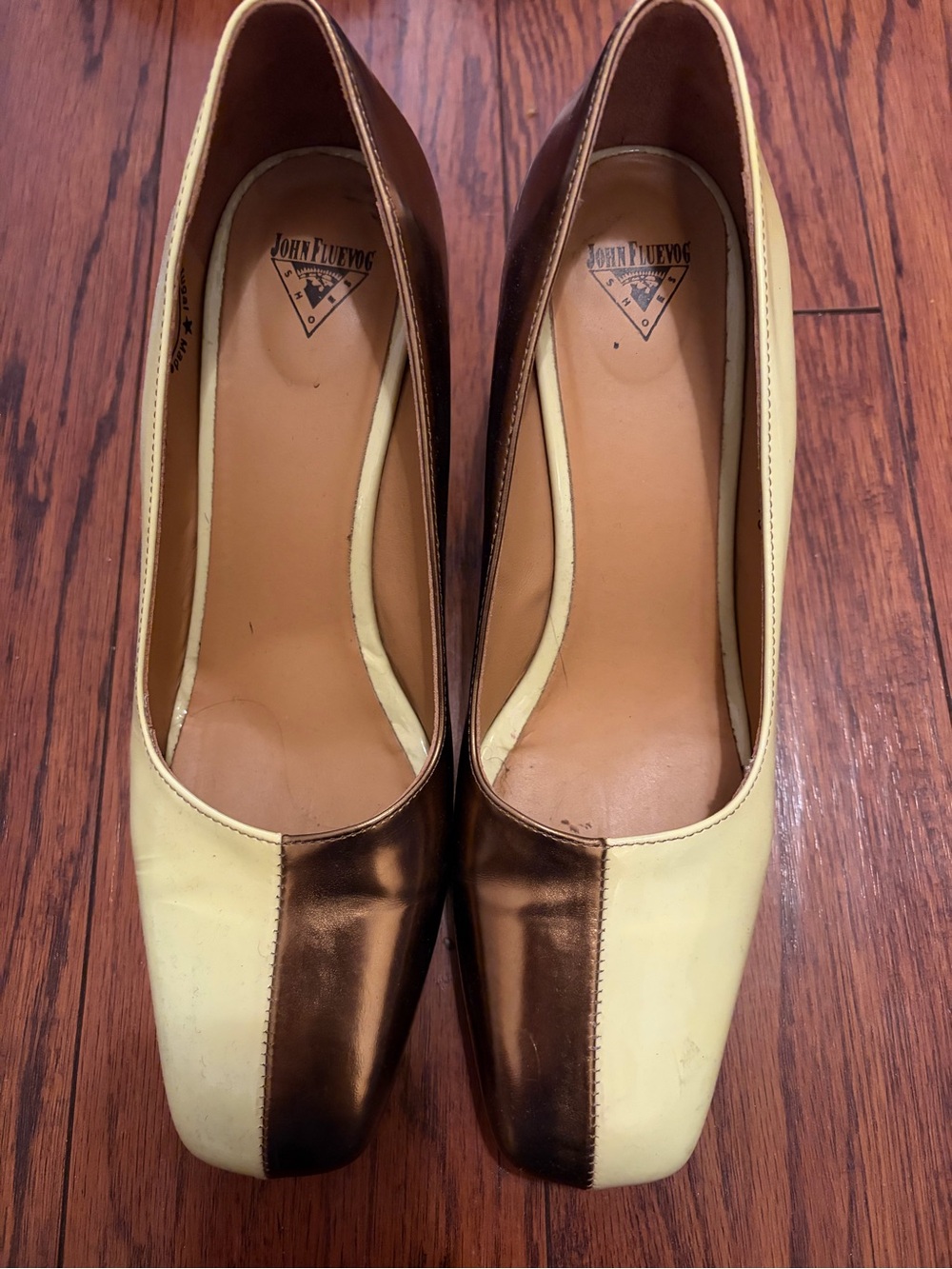 John Fluevog Two-Tone Brown and pistachio Square-Toe Pumps